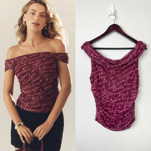 Anthropologie Maeve Women Off the Shoulder Mesh Top Large Maroon Preppy Coquette